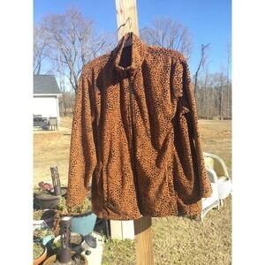 Lands End Womens Fleece Zip-up Plus Size 1X Animal Print Tan Leopard Fall Casual